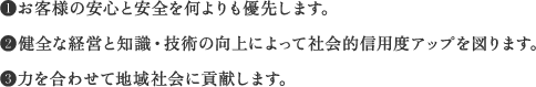 1 お客様の安心と安全を何よりも優先します。2 健全な経営と知識・技術の向上によって社会的信用度アップを図ります。3 力を合わせて地域社会に貢献します。